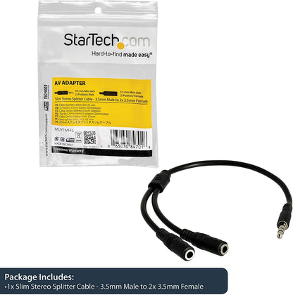 StarTech.com 3.5mm Audio Extension Cable - Slim Audio Splitter Y Cable and Headphone Extender - Male to 2x Female AUX Cable (MUY1MFFS) Slim Cable Black