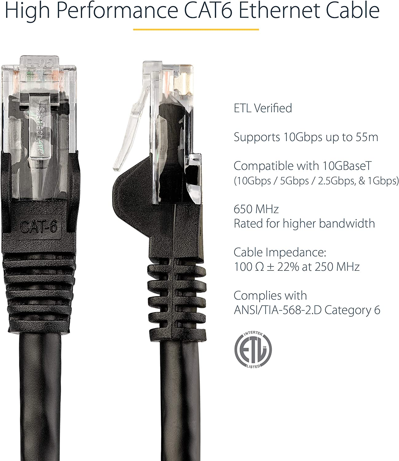 StarTech.com 75ft CAT6 Ethernet Cable - Black CAT 6 Gigabit Ethernet Wire -650MHz 100W PoE RJ45 UTP Network/Patch Cord Snagless w/Strain Relief Fluke Tested/Wiring is UL Certified/TIA (N6PATCH75BK) Black 75 ft / 22.8 m 1 Pack