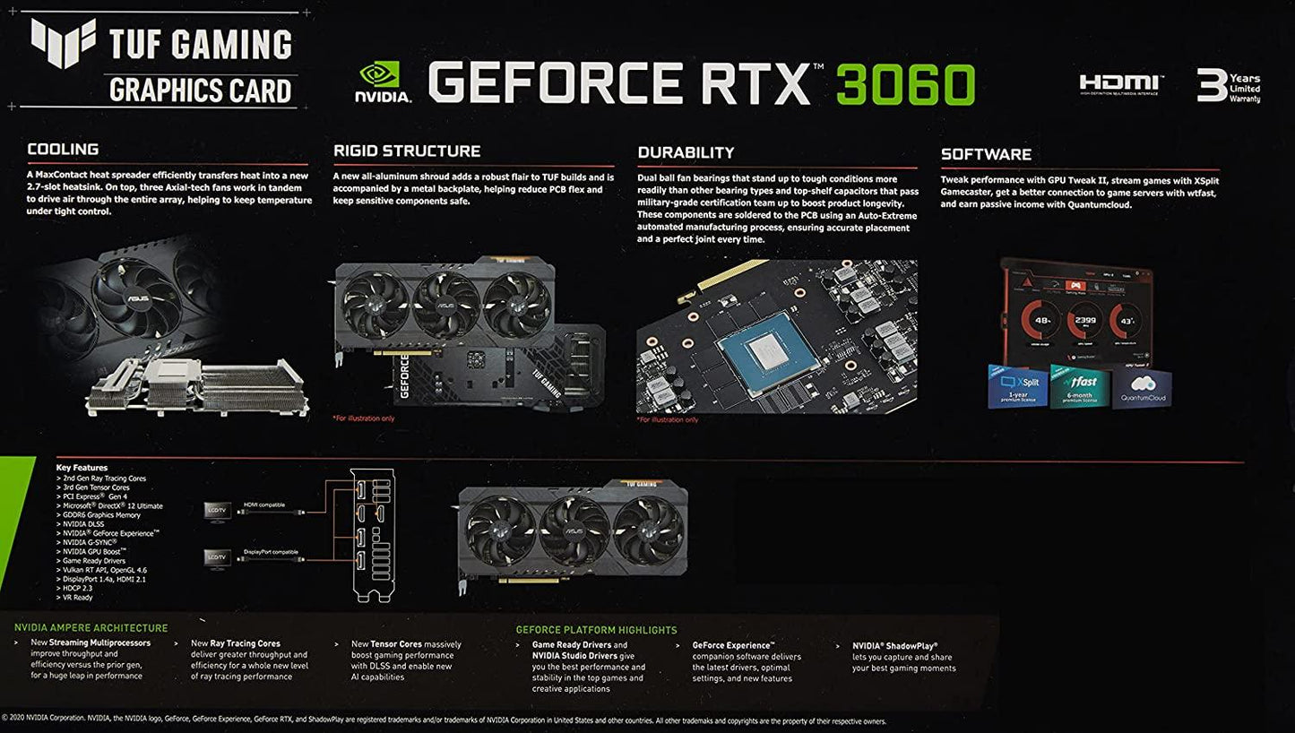 ASUS TUF Gaming NVIDIA GeForce RTX 3060 V2 OC Edition Graphics Card (PCIe 4.0, 12GB GDDR6, HDMI 2.1, DisplayPort 1.4a, Dual Ball Fan Bearings, Military-Grade Certification, GPU Tweak II)
