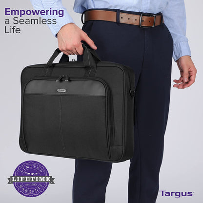 Targus Laptop Bag — Black 15.6" Classic Slim Briefcase Messenger Bag, Spacious, Ergonomic, Foam Padded Laptop Case for Devices Up To 16" (TCT027US)