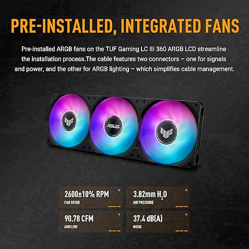 ASUS TUF Gaming LC III 360 ARGB LCD with pre-Installed & Integrated Triple Fans Designed for high Airflow and Static Pressure; 2.8" LCD for Hardware Monitoring, Custom GIFS and MP4 Video Clips