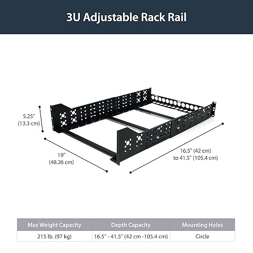 StarTech.com 3U Universal Server Rack Rails - TAA Compliant Fixed Mounting Rails - 19" Adjustable Depth Rack Mount Rails (UNIRAILS3U) Rack Rails 3U | 100 lbs
