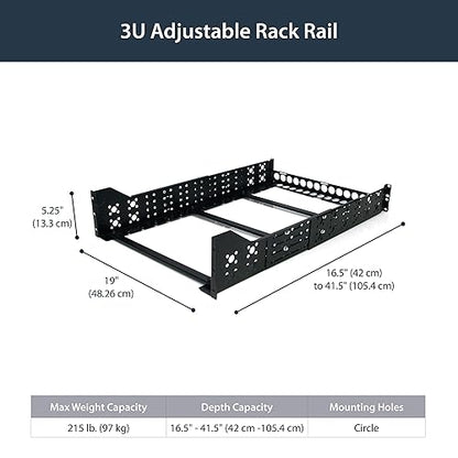 StarTech.com 3U Universal Server Rack Rails - TAA Compliant Fixed Mounting Rails - 19" Adjustable Depth Rack Mount Rails (UNIRAILS3U) Rack Rails 3U | 100 lbs