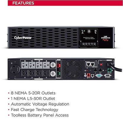 CyberPower PR3000RTXL2UAN Smart App Sinewave UPS System, 3000VA/3000W, 9 Outlets, 2U Rack/Tower, RMCARD205 Pre-Installed, EBM Option