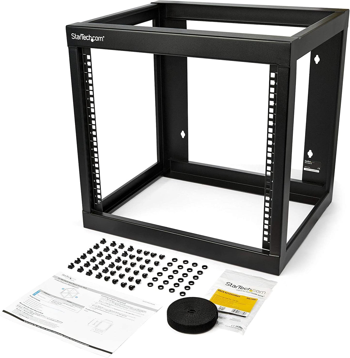 StarTech.com 9U 19" Wall Mount Network Rack 19" Deep 2 Post Open Frame for Server Room/Data/AV/IT/Communication/Computer Equipment/Patch Panel w/Cage Nuts/Screws Hook/Loop 175lb Capacity (RK919WALLO)