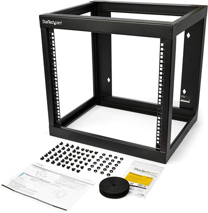 StarTech.com 9U 19" Wall Mount Network Rack 19" Deep 2 Post Open Frame for Server Room/Data/AV/IT/Communication/Computer Equipment/Patch Panel w/Cage Nuts/Screws Hook/Loop 175lb Capacity (RK919WALLO)