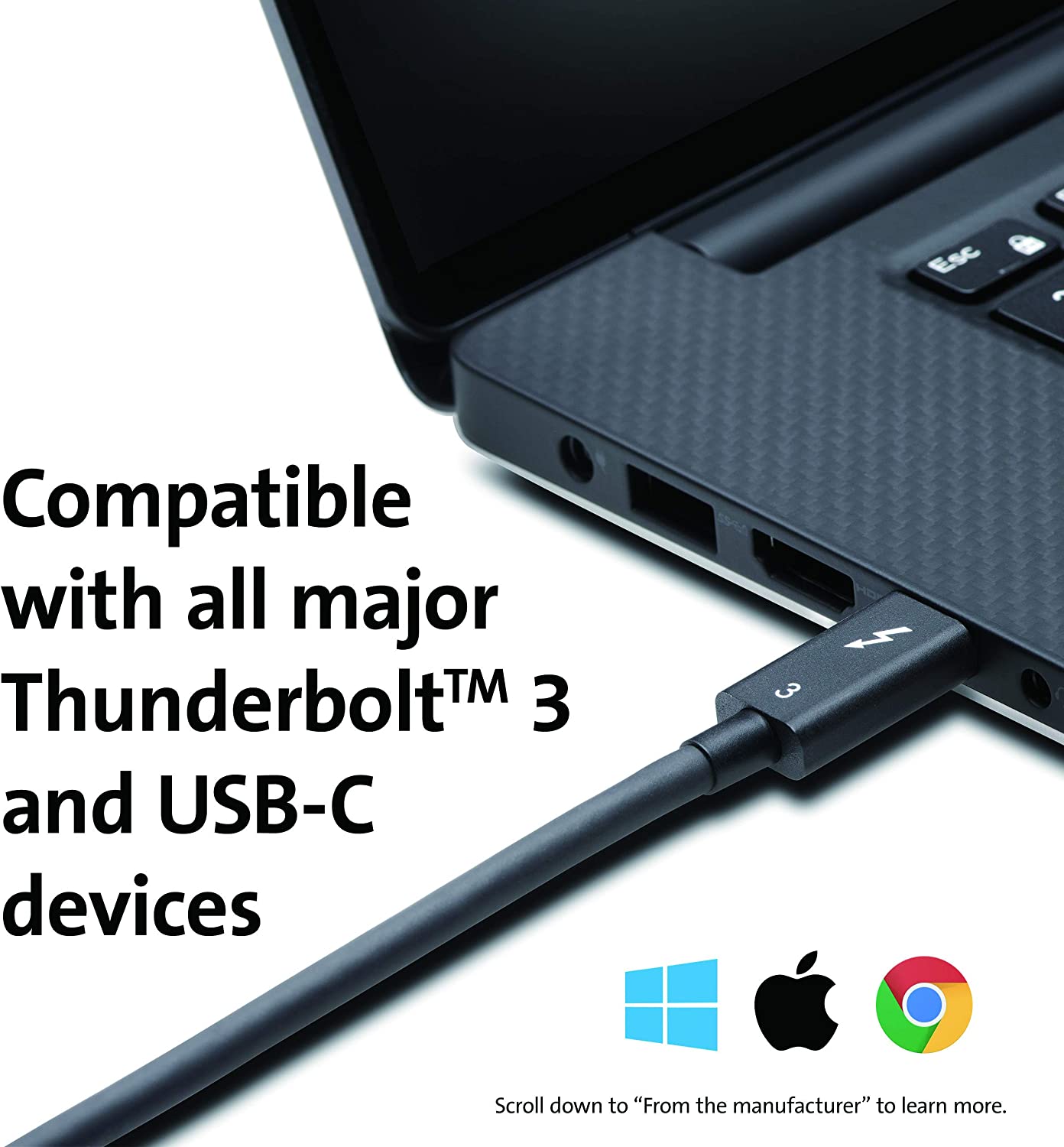 Kensington 0.7M (2.3ft) Thunderbolt 3 Cable – 40Gbps – 100W PD – Certified TB3 – USB-C Compatible (K32300WW)