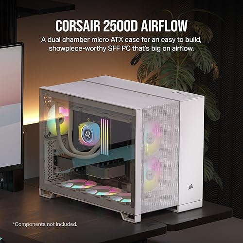 CORSAIR 2500D Airflow Small-Tower mATX Dual Chamber PC Case – Tempered Glass – Reverse Connection Motherboard Compatible – No Fans Included – White