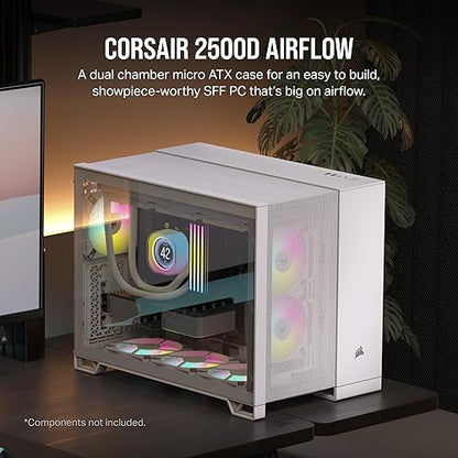 CORSAIR 2500D Airflow Small-Tower mATX Dual Chamber PC Case – Tempered Glass – Reverse Connection Motherboard Compatible – No Fans Included – White