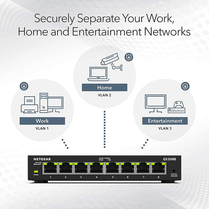 NETGEAR 8-Port Gigabit Ethernet Plus Switch (GS308E) - Desktop or Wall Mount, Home Network Hub, Office Ethernet Splitter, Silent Operation, Black 8 Port with Enhanced Features