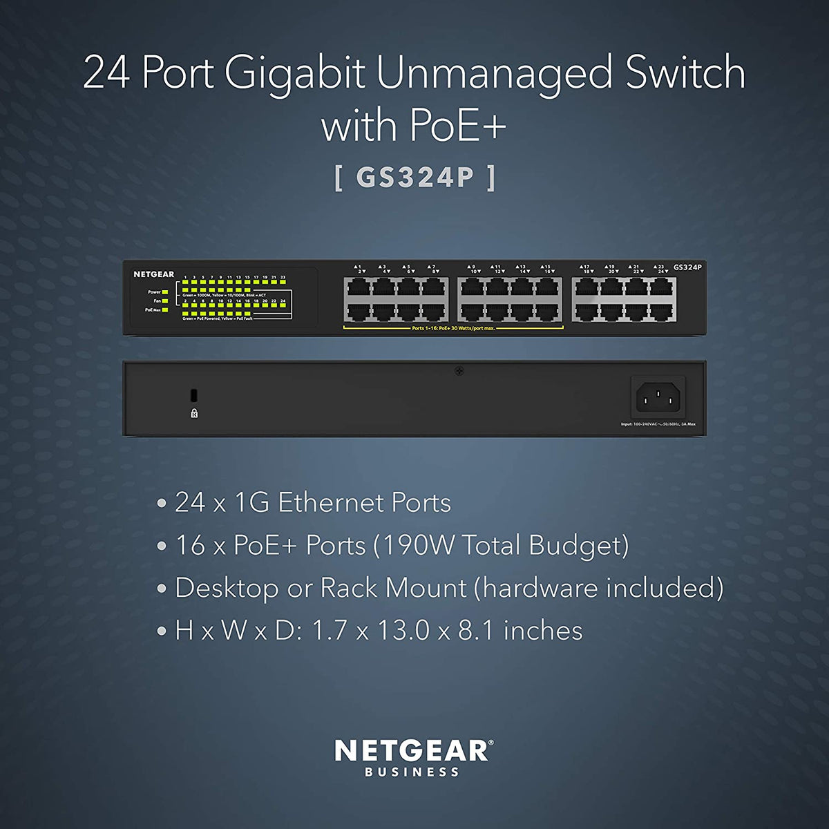 NETGEAR 24-Port Gigabit Ethernet Unmanaged PoE+ Switch (GS324P) - with 16 x PoE+ @ 190W, Desktop or Rackmount Unmanaged 24 port | 16xPoE+ 190W