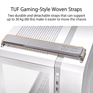 ASUS TUF Gaming GT502 White ATX Mid-Tower Computer Case,Front Panel RGB Button,USB 3.2 Type-C,2x USB 3.0 Ports,Tool-free Side Panel,ARGB Hub, 360mm and 280mm Radiator compatible, Fabric Handle on top.