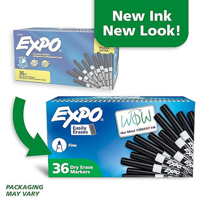 EXPO Dry Erase Markers, Low Odour Ink, Black, Fine Tip, 36 Count