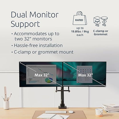 Kensington SmartFit K58272WW Dual Monitor Arm, Adjustable Gas Spring Monitor Arm, Ergonomic Computer PC Screen Stand, Handle for 19-32 Inch Monitors (9 kg Each), VESA 75/100 mm, 360° Rotation Black 2 Monitore mit Griff