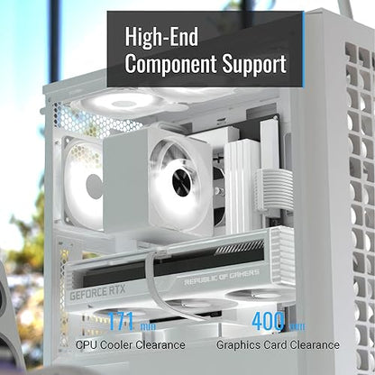 AeroCool D502A Mid Tower Case, Mesh Front Panel, 360mm Radiator Support, 11 Fan Slots, 400mm GPU, ATX/m-ATX/Mini-ITX, Magnetic Dust Filters, SPCC Steel Construction, Trendy PC Build, White White Mesh Front
