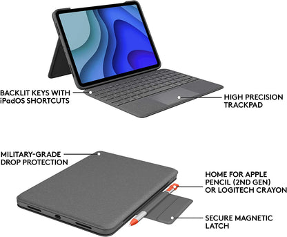 Logitech Folio Touch iPad Pro 11-inch (1st, 2nd, 3rd and 4th gen - 2018, 2020, 2021, 2022) Keyboard Case - Backlit Keyboard, Trackpad, Smart Connector - Grey, USA Layout Folio Touch Tablet Keyboard Oxford Gray