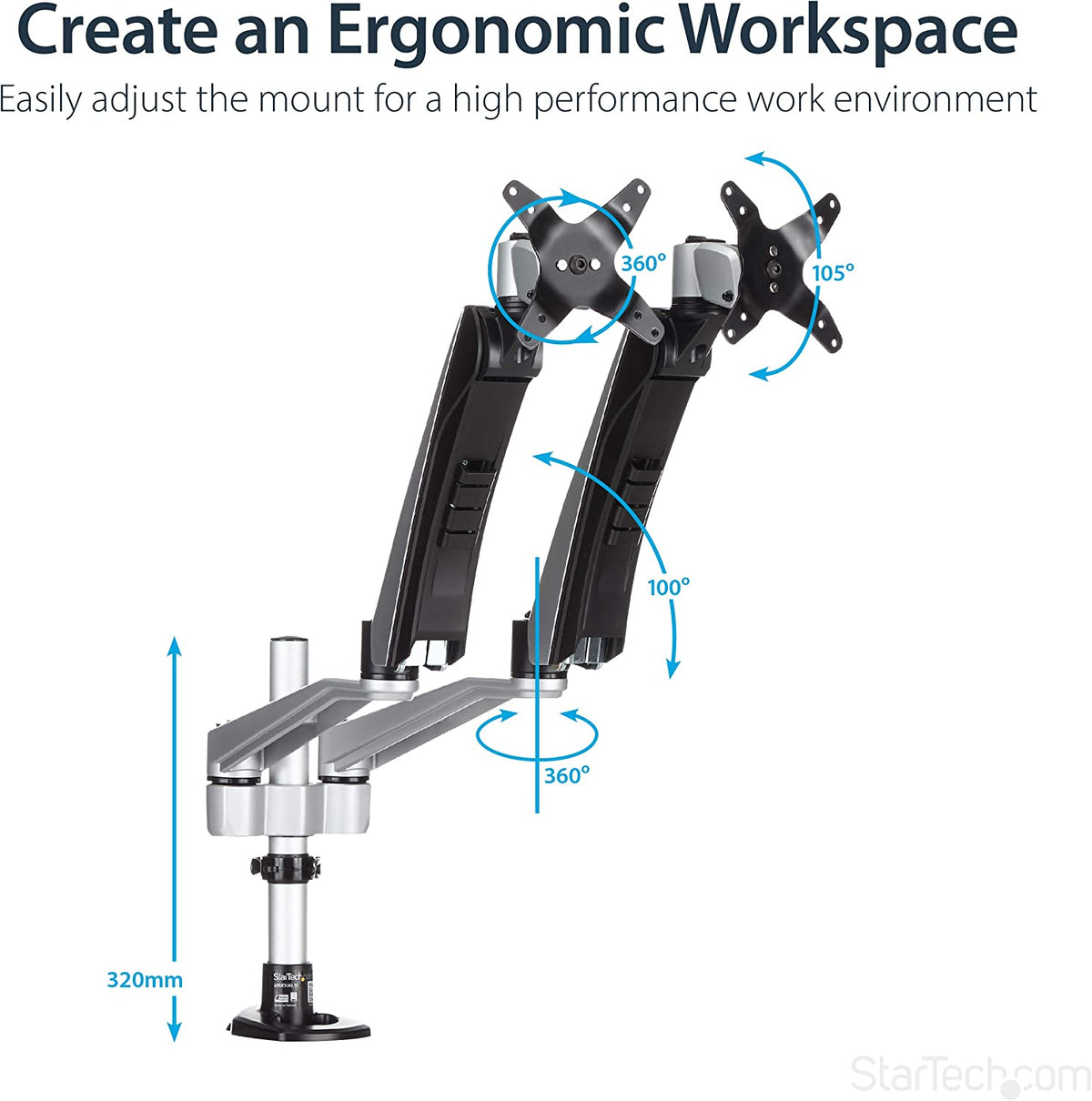 StarTech.com Desk Mount Dual Monitor Arm - Articulating - Supports VESA Monitors 12'' to 30'' - Adjustable - Grommet/Desk Mount - Premium - Silver (ARMDUAL30)