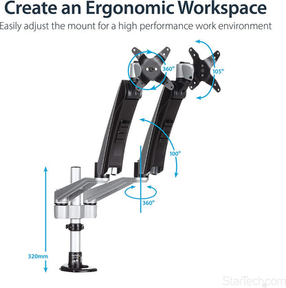 StarTech.com Desk Mount Dual Monitor Arm - Articulating - Supports VESA Monitors 12'' to 30'' - Adjustable - Grommet/Desk Mount - Premium - Silver (ARMDUAL30)