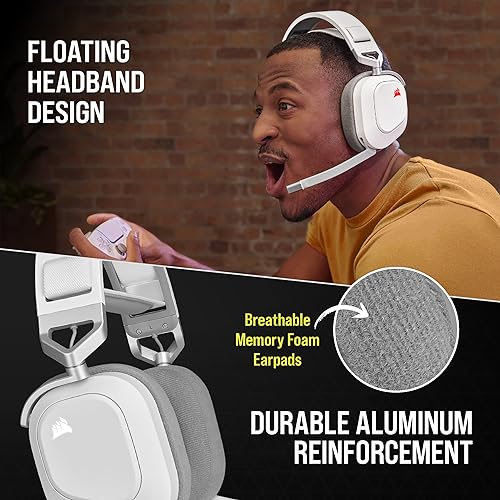 Corsair HS80 RGB Wireless Premium Gaming Headset with Dolby Atmos Audio (Low-Latency, Omni-Directional Microphone, 60ft Range, Up to 20 Hours Battery Life, PS5/PS4 Wireless Compatibility) White Wireless White