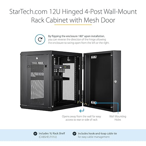 StarTech.com 4-Post 12U Wall Mount Network Cabinet w/ 1U Shelf, 19 Wall-Mounted Server Rack for IT / Data Computer Equipment 25.10/637.54mmx23.60/599.44mmx21.70/551.18mm Cabinet