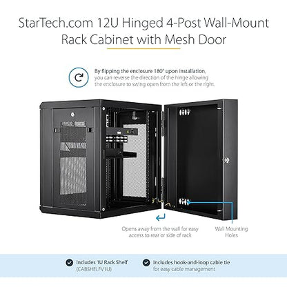 StarTech.com 4-Post 12U Wall Mount Network Cabinet w/ 1U Shelf, 19 Wall-Mounted Server Rack for IT / Data Computer Equipment 25.10/637.54mmx23.60/599.44mmx21.70/551.18mm Cabinet