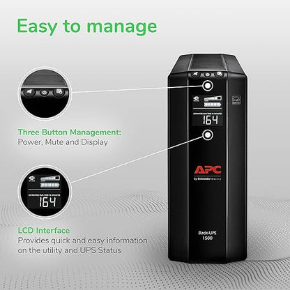 APC 1500VA UPS Battery Backup & Surge Protector, APC UPS Back-UPS Pro (BX1500M) 1500VA Battery Backup