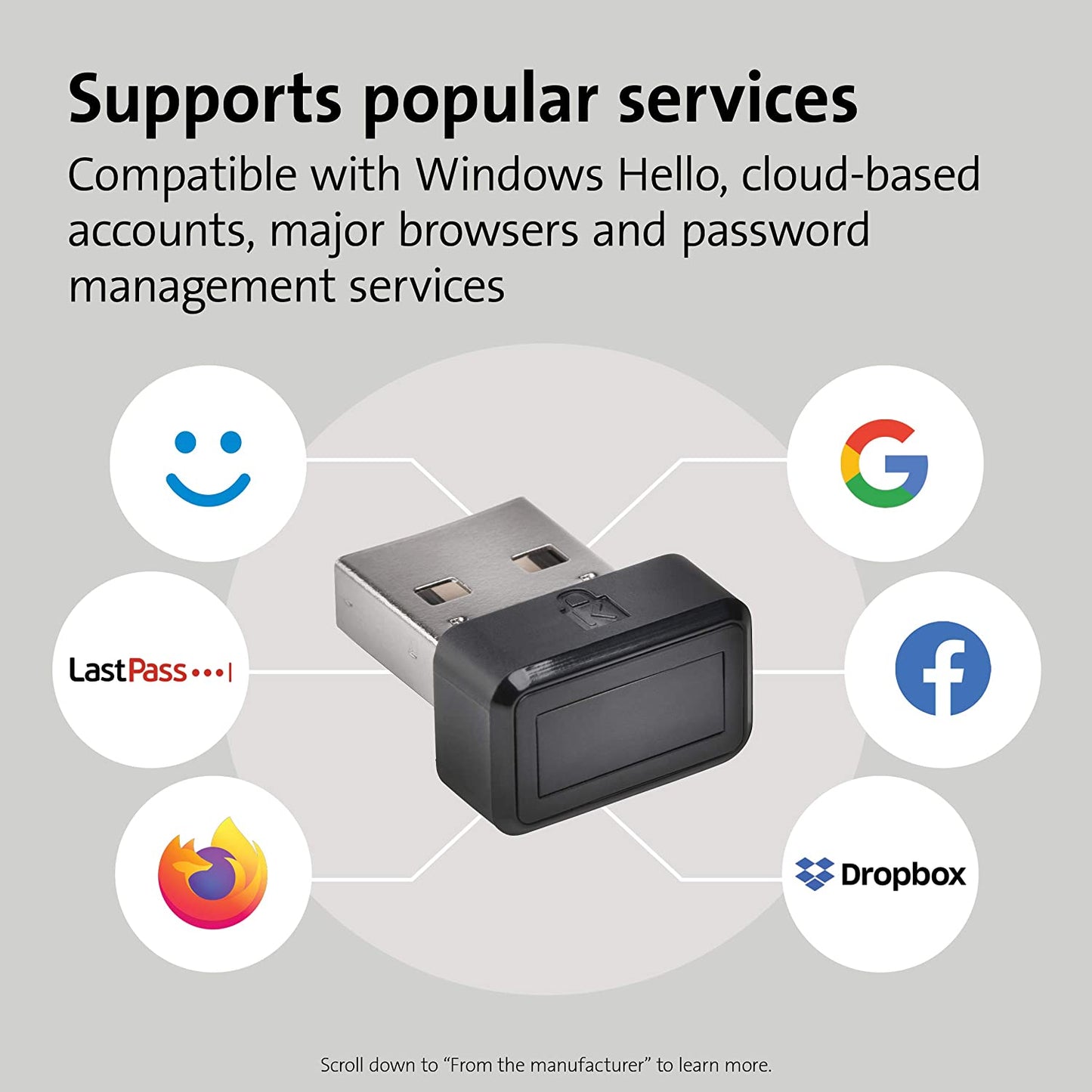 Kensington VeriMark USB Fingerprint Key Reader - Windows Hello, FIDO U2F, Anti-Spoofing (K67977WW),Black For Single PC's