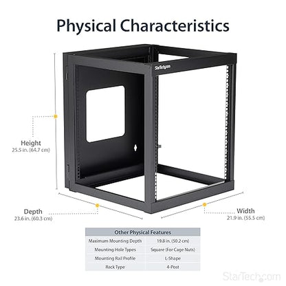 StarTech.com 12U 22-Inch Hinged Open Frame Rack Cabinet Wallmount Server Rack Components, Black (RK1219WALLOH)