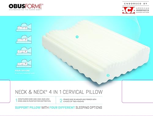 ObusForme Cervical Neck Pillow | Pleated Memory Foam Surface Promotes Air Circulation | 4-in-1 Contour Pillow Offering Medium to Firm Support | Queen Size