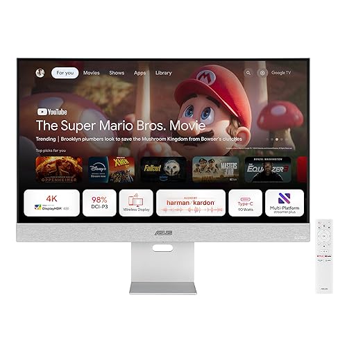 ASUS ZenScreen 31.5” 4K USB-C Smart Monitor (MS32UC) - UHD (3840 x 2160) IPS, 98% DCI-P3, GoogleTV, Harman Kardon Speakers, USB-C (90W PD), Wireless Display, Netflix and YouTube, 3 yr Warranty 32 4K USB-C Smart Monitor Google TV