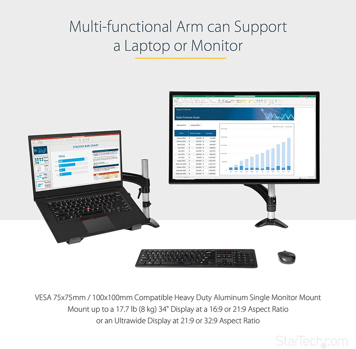 StarTech.com Desk Mount Laptop Arm - Full Motion Articulating Arm for Laptop or Single 34" Monitor - VESA Mount Laptop Tray Bracket - Ergonomic Adjustable Notebook Stand - Desk-Clamp (ARMUNONB1) Black Full-Motion Arm - Monitor/Laptop