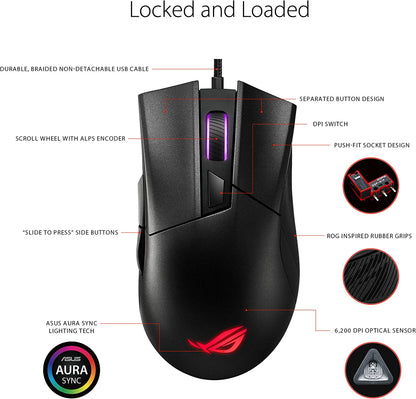 ASUS Optical Gaming Mouse - ROG Gladius II Core | Ergonomic Right-hand Grip | Lightweight PC Gaming Mouse | 6200 DPI Optical Sensor | Omron Switches | 6 Buttons | Aura Sync RGB Lighting Gladius II Core (Wired) Black