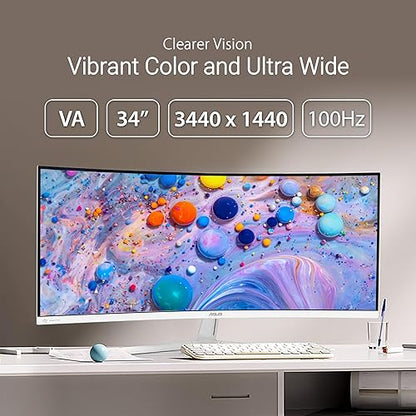ASUS 34” Ultra-Wide Curved Eye Care Monitor (VU34WCIP-W) – WQHD (3440x1440), 1500R Curvature, Frameless, 100Hz, Nano-ion, SmoothMotion, Eye Care Plus, USB-C PD 65W, Speakers