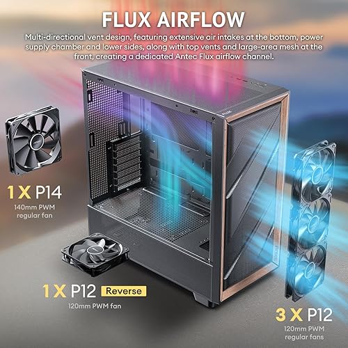 Antec Flux SE, Sound-Dampening Side Panels, 5 x PWM Fans Included, Front Panel with Walnut Wood, Type-C, 420mm Radiator& Back Connect Motherboard Support, Silent Case, Mid E-ATX Tower PC Case