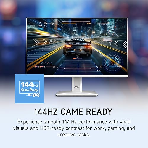 MSI PRO MP243W E14 24-inch IPS 1920 x 1080 (FHD) Computer Monitor, 144Hz, Adaptive-Sync, HDR Ready, HDMI, Display Port, VESA Mountable, Tilt, 4-Side Slim Bezel, 1ms, White