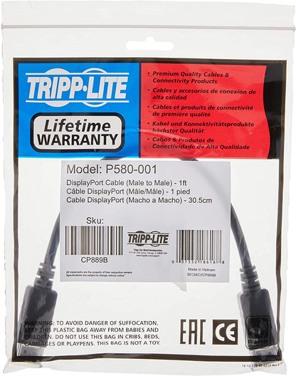 Tripp Lite DisplayPort Cable with Latches (M/M), DP to DP, 4K x 2K, 1-ft. (P580-001), Black 1'