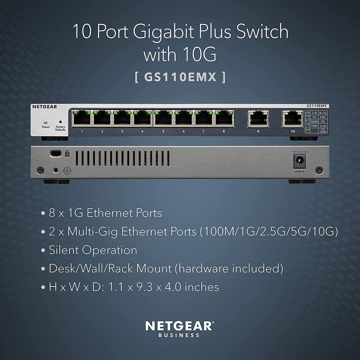 NETGEAR 10-Port Gigabit/10G Ethernet Plus Switch (GS110EMX) - Managed, with 8 x 1G, 2 x 10G/Multi-gig, Desktop, Wall or Rackmount, and Limited Lifetime Protection