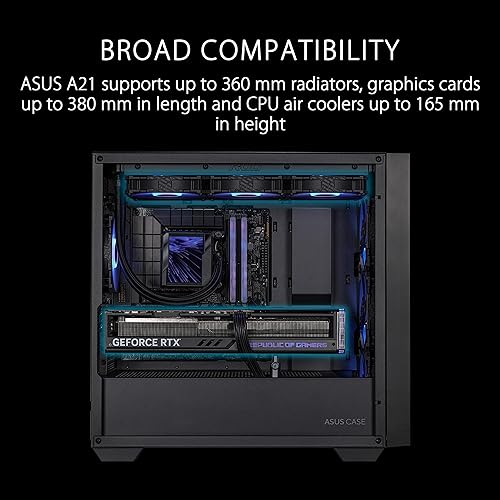 ASUS A21 Micro-ATX Case Black Edition Supports Graphics Cards up to 380mm, 360mm Coolers, & Standard ATX PSUs, Porous Front-Panel Mesh, Compatible with New BTF Hidden Connector Technology