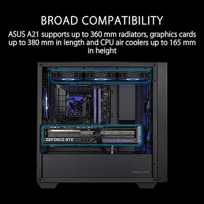 ASUS A21 Micro-ATX Case Black Edition Supports Graphics Cards up to 380mm, 360mm Coolers, & Standard ATX PSUs, Porous Front-Panel Mesh, Compatible with New BTF Hidden Connector Technology
