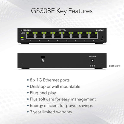 NETGEAR 8-Port Gigabit Ethernet Plus Switch (GS308E) - Desktop or Wall Mount, Home Network Hub, Office Ethernet Splitter, Silent Operation, Black 8 Port with Enhanced Features