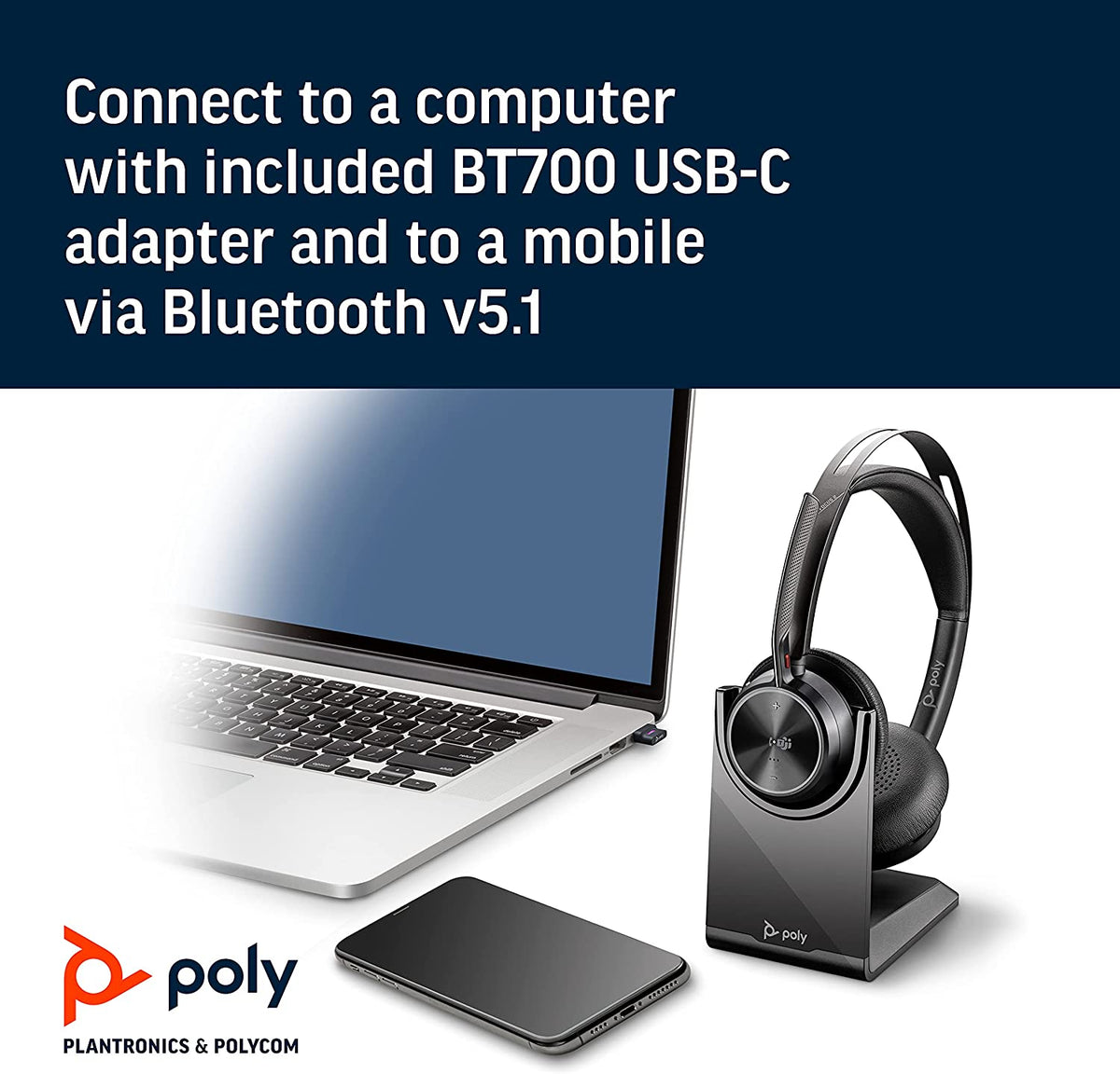 Poly - Voyager Focus 2 UC USB-C Headset with Stand (Plantronics) - Bluetooth Stereo Headset with Boom Mic - USB-C PC/Mac Compatible - Active Noise Canceling - Works with Teams (Certified), Zoom &amp; more Headset + Charge Stand, Teams Version