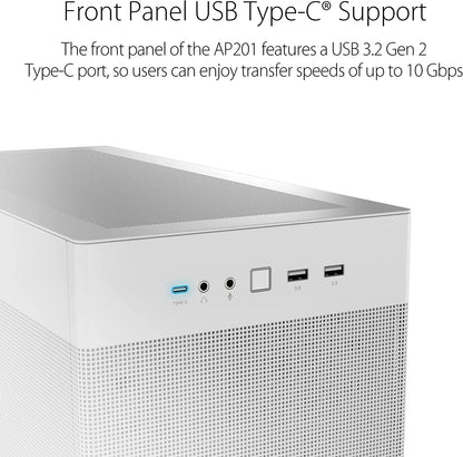 ASUS Prime AP201 33-Liter MicroATX White case with Tool-Free Side Panels and a Quasi-Filter mesh, with Support for 360 mm Coolers, Graphics Cards up to 338 mm Long, and Standard ATX PSUs