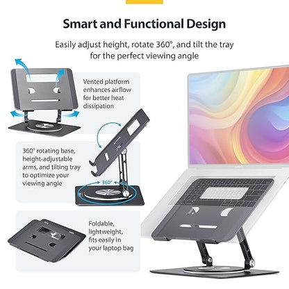 StarTech.com Rotating Laptop Stand, 360 Swivel, Ergonomic Desk Riser for Computer, Adjustable Height/Tilt, 11lb/5kg, Aluminum