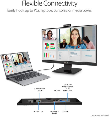ASUS BE24EQK 23.8” Business Monitor with Webcam, 1080P Full HD IPS, Eye Care, DisplayPort HDMI, Frameless, Built-in Adjustable 2MP Webcam, Mic Array, Stereo Speaker, Video Conference 23.8" IPS w/Webcam &amp; DisplayPort