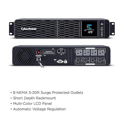 CyberPower CP2000PFCRM2U PFC Sinewave UPS Battery Backup and Surge Protector, 2000VA/1200W, 8 Outlets, AVR, Short Depth 2U Rackmount, UL Certified Rackmount 2U 2000VA