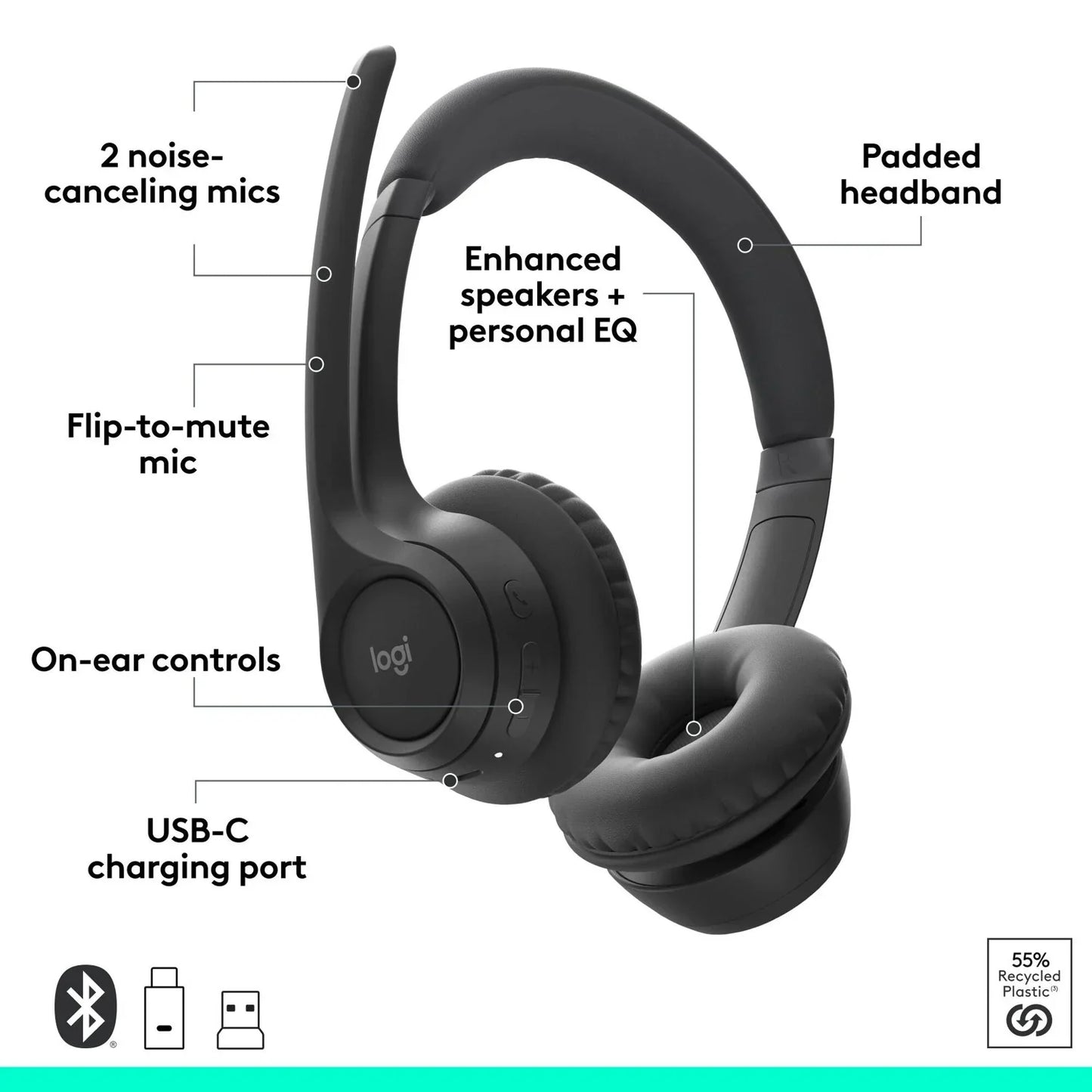 Logitech Zone 305 for Business, Wireless Bluetooth Headset With Microphone, for Google Meet, Google Voice, Zoom, Compatible With Windows, Mac, Chrome, Linux, iOS, iPadOS, Android, Black - Stereo - Wireless - Bluetooth