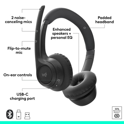 Logitech Zone 305 for Business, Wireless Bluetooth Headset With Microphone, for Google Meet, Google Voice, Zoom, Compatible With Windows, Mac, Chrome, Linux, iOS, iPadOS, Android, Black - Stereo - Wireless - Bluetooth