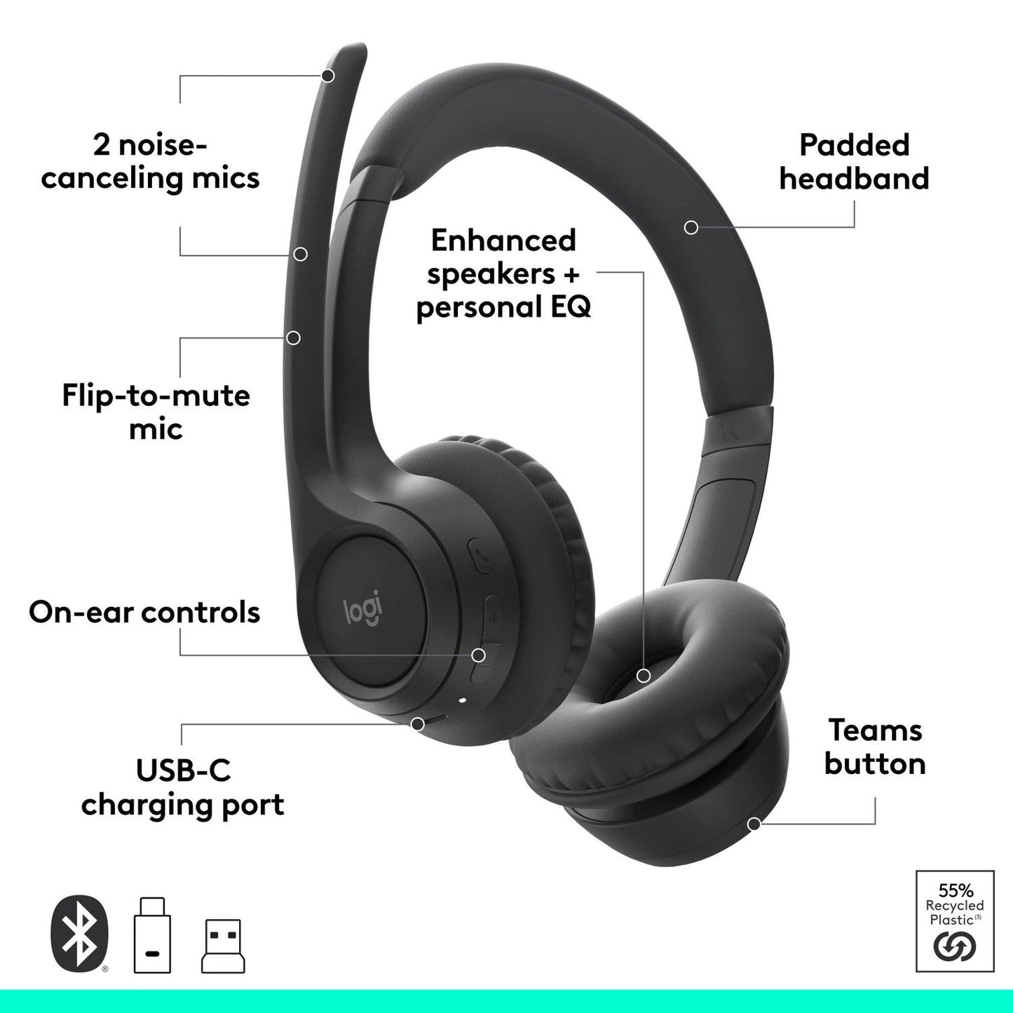 Logitech Zone 305 for Business, Wireless Bluetooth Headset With Microphone, for Microsoft Teams, Compatible With Windows, Mac, Chrome, Linux, iOS, iPadOS, Android, Black - Microsoft Teams Certification - Stereo - Wireless