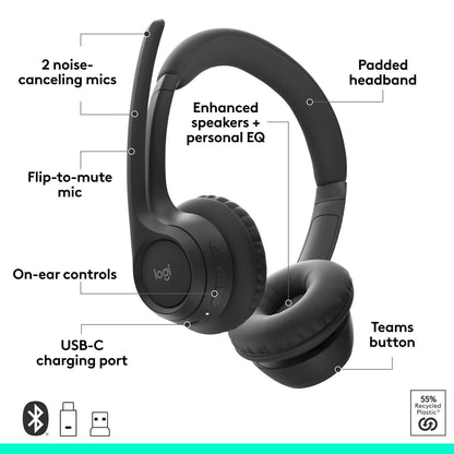 Logitech Zone 305 for Business, Wireless Bluetooth Headset With Microphone, for Microsoft Teams, Compatible With Windows, Mac, Chrome, Linux, iOS, iPadOS, Android, Black - Microsoft Teams Certification - Stereo - Wireless