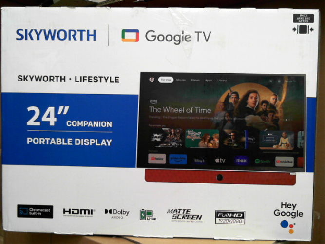 OPEN BOX - Skyworth 24-Inch Portable Smart Display with Google TV, 3-Hour Battery Life 24P100 Companion Series 1080P FHD, HDR10, Dolby Audio, LED, Bluetooth Remote, Built-in Chromecast and Google Assistant portable display